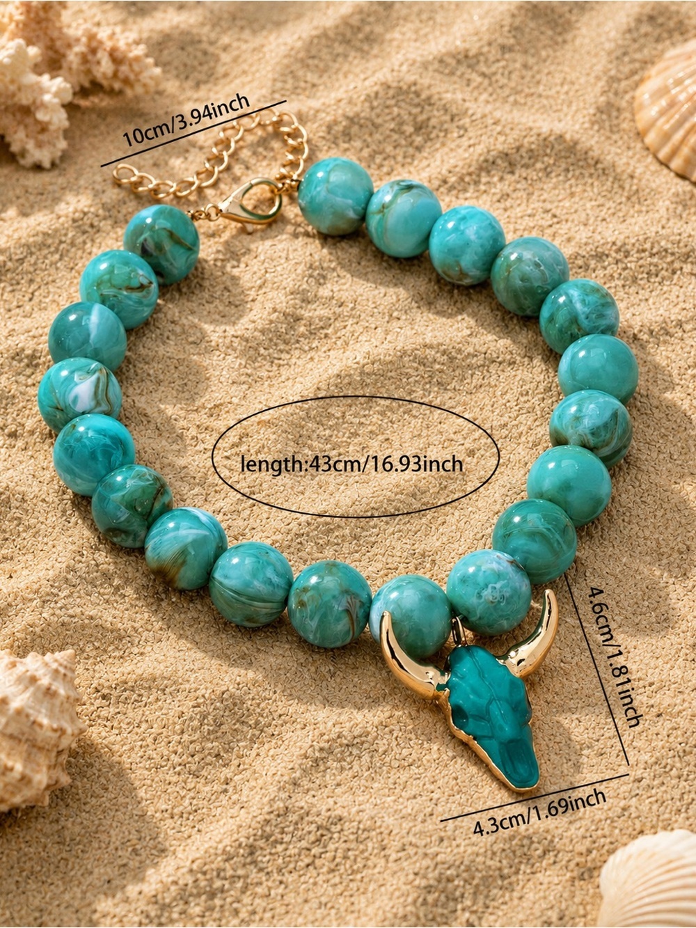 Turquoise Beaded Bull Skull Necklace - Women's Jewelry - Picture 2 of 4